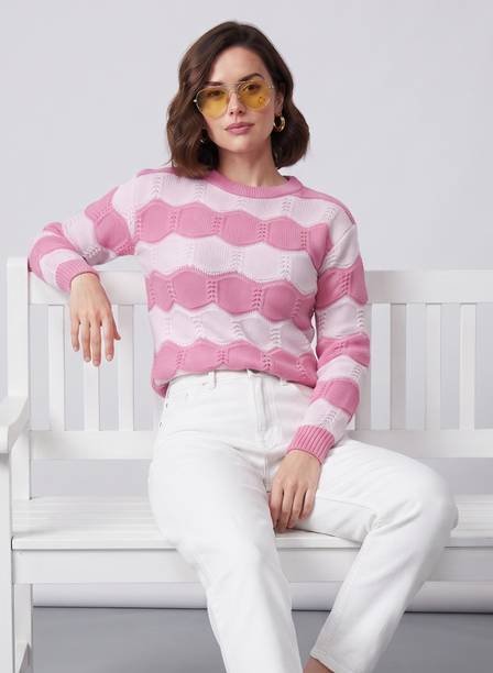 Women Self Design Round Neck Pink, White Sweater