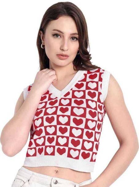 Women Self Design V Neck Red Sweater