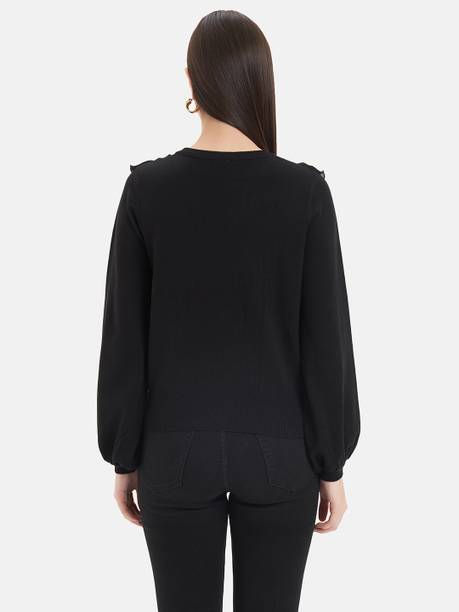 Women Self Design Round Neck Black Sweater
