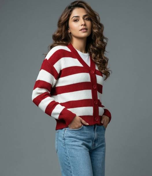 Women Colorblock V Neck Red, White Sweater