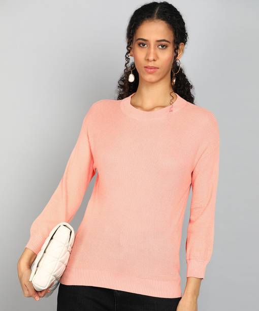 Women Solid Crew Neck Orange Sweater