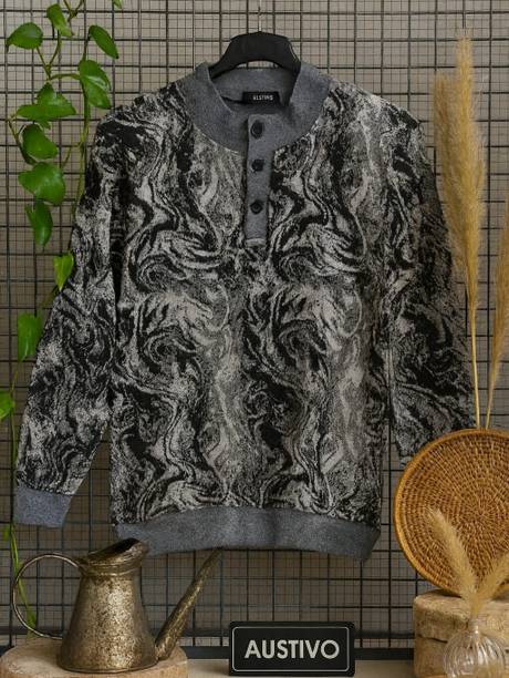 Austivo Printed High Neck Casual Men Grey Sweater
