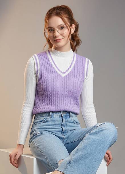 Women Self Design V Neck Purple Sweater