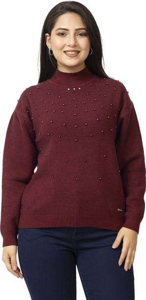 Women Embellished High Neck Maroon Sweater