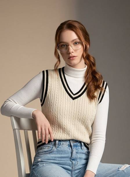 Women Self Design V Neck Beige, Black Sweater