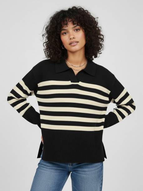 Women Colorblock Collared Neck Black Sweater