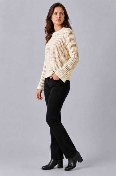 Nobarr Women Self Design Round Neck White Sweater