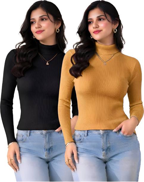 Women Solid High Neck Black, Yellow Sweater