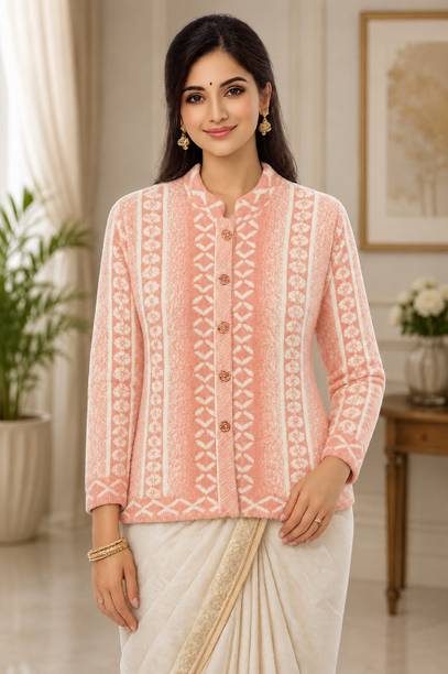Women Printed Mandarin Neck Orange Sweater