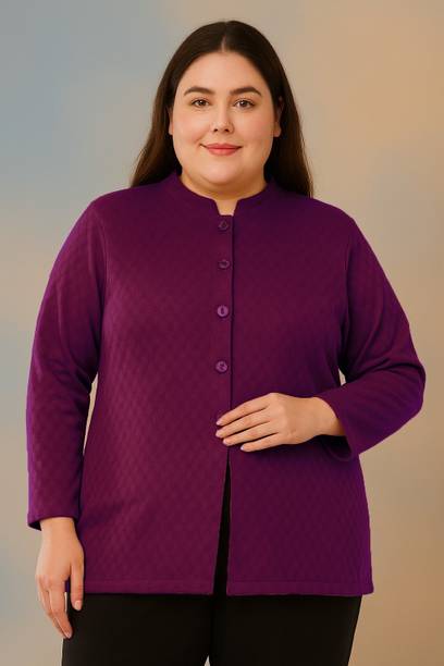 Women Self Design Mandarin Neck Purple Sweater