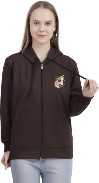Women Printed Hooded Neck Brown Sweater