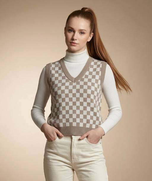 Women Checkered V Neck Beige, White Sweater