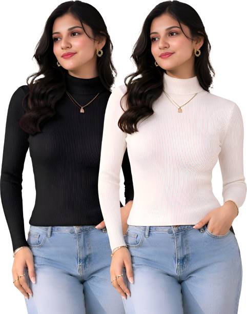 Women Solid High Neck Black, White Sweater