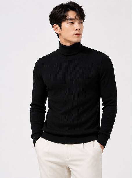 Men Self Design Turtle Neck Black Sweater