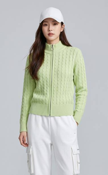 Women Self Design High Neck Light Green Sweater