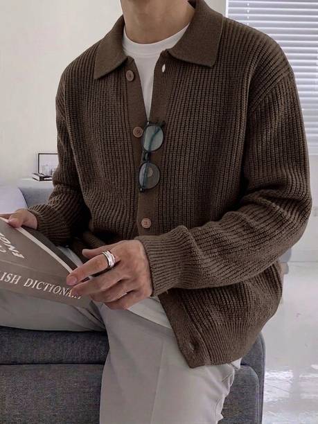 Eddicted Self Design Collared Neck Casual Men Brown Sweater