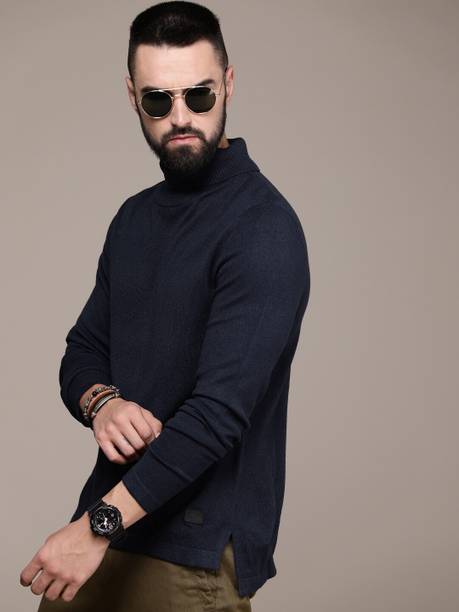 Men Solid Turtle Neck Blue Sweater