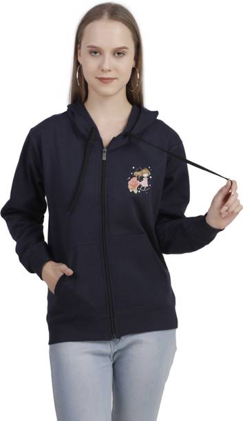 Women Printed Hooded Neck Blue Sweater