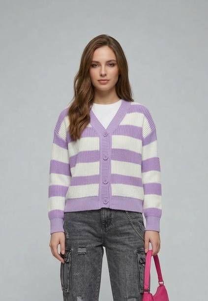Women Colorblock V Neck Purple, White Sweater