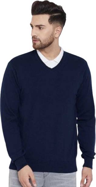 GAINELL Solid V Neck Casual Men Dark Blue Sweater