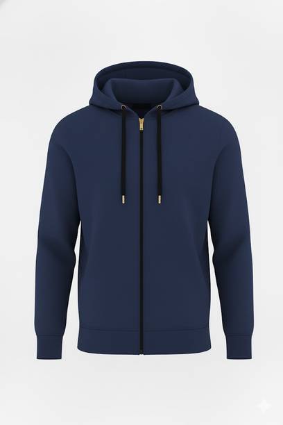 Men Solid Hooded Neck Dark Blue Sweater