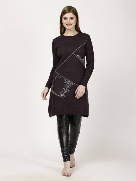Women Solid Round Neck Purple Sweater