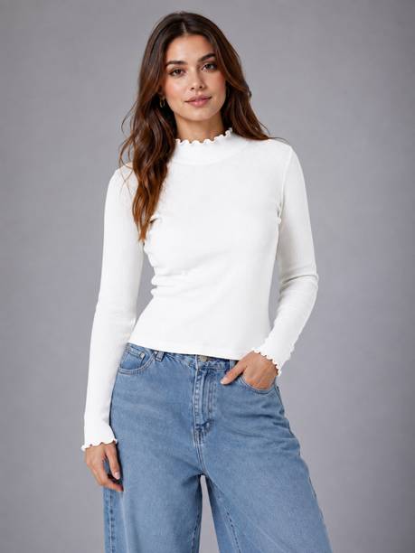 Tanushk Women Self Design High Neck White Sweater