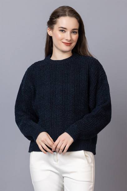 Women Woven Round Neck Dark Blue Sweater