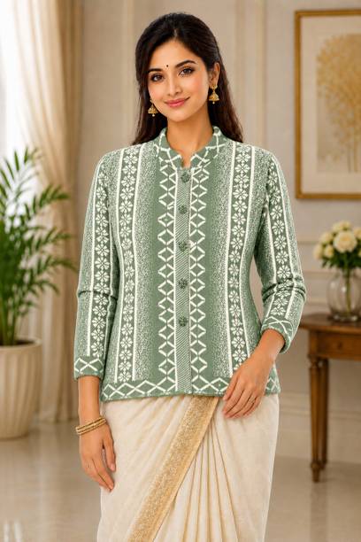 Women Printed Mandarin Neck Light Green Sweater