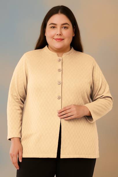 Women Self Design Mandarin Neck Beige Sweater