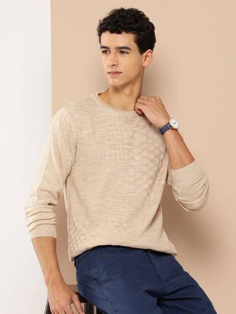 INVICTUS Self Design Round Neck Casual Men Beige Sweater