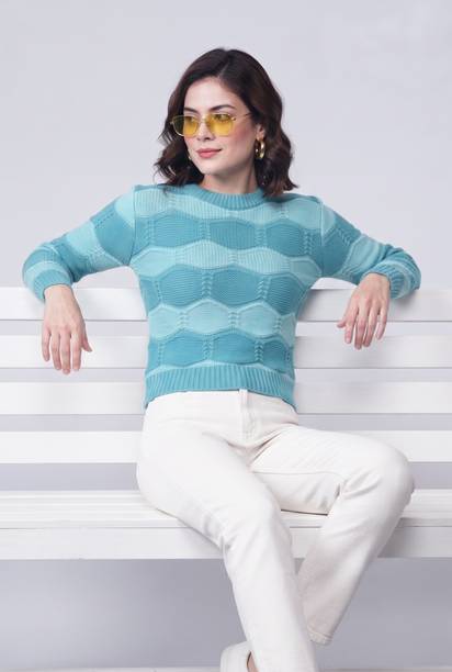 Women Self Design Round Neck Blue Sweater