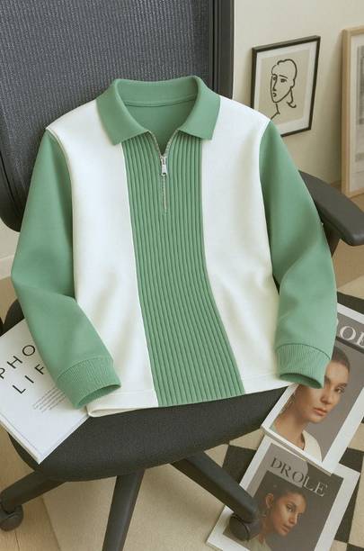 Men Colorblock Collared Neck Light Green Sweater