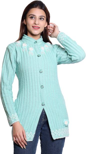 Women Self Design Mandarin Neck Light Blue Sweater