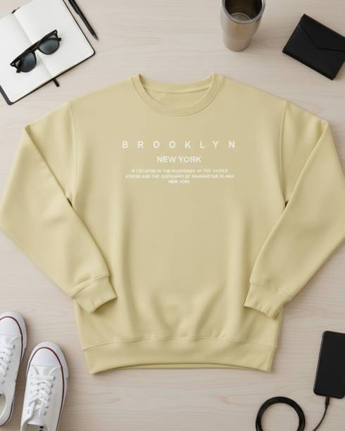 Men Printed Round Neck Beige Sweater
