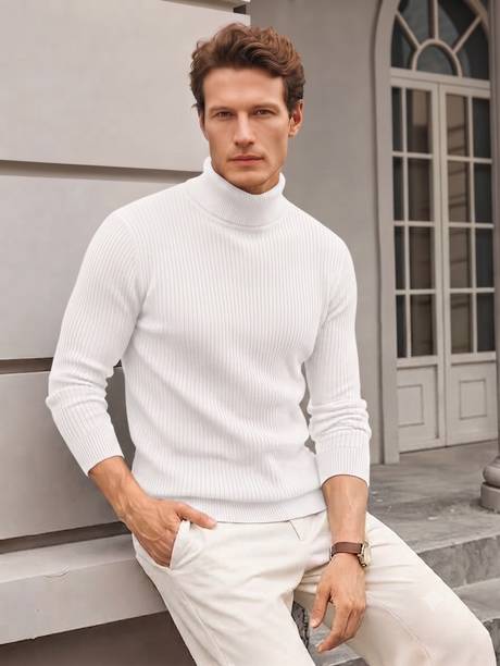 Rufica Solid High Neck Casual Men White Sweater