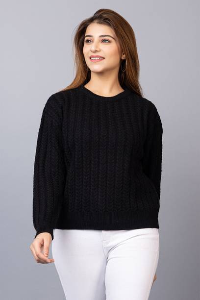 Women Striped Round Neck Black Sweater