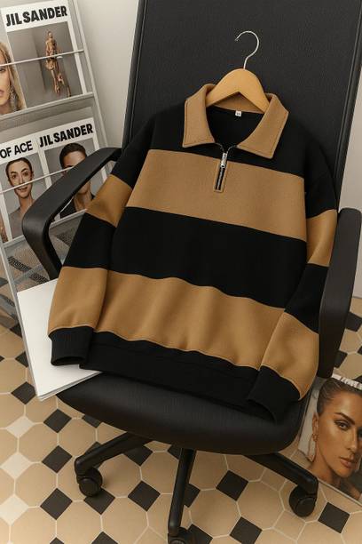 Men Colorblock Collared Neck Brown, Black Sweater