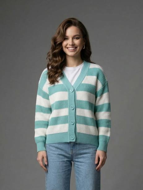 Women Colorblock V Neck Light Blue, White Sweater