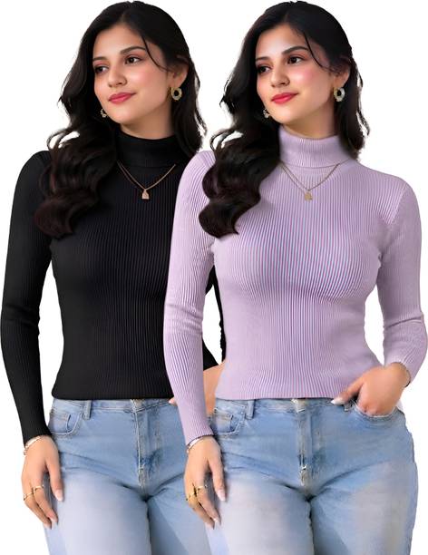 Women Solid High Neck Black, Purple Sweater