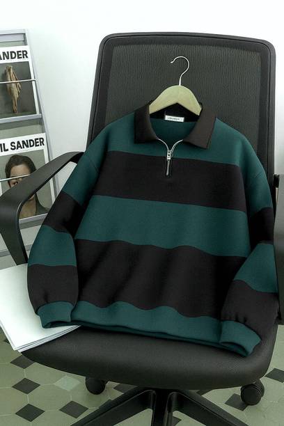 Men Colorblock Collared Neck Green Sweater