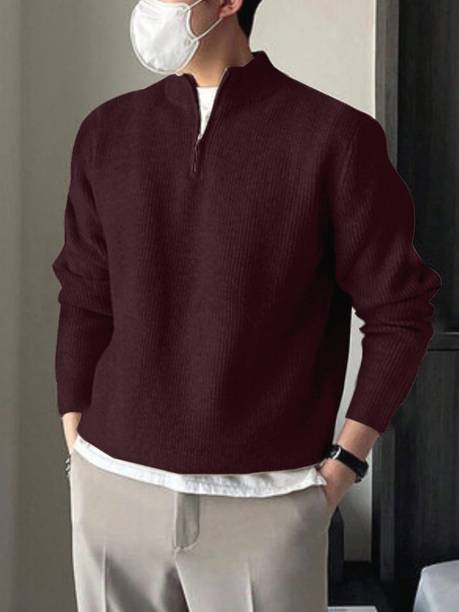 Men Self Design High Neck Maroon Sweater