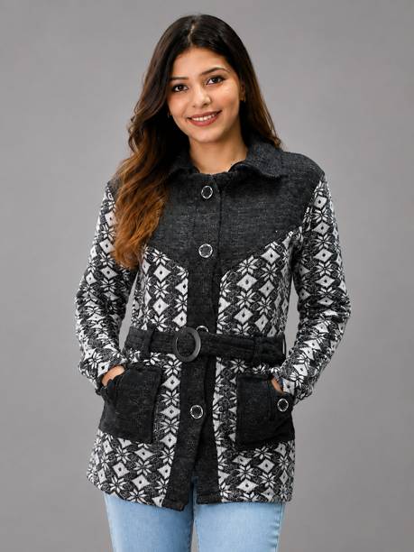 Women Geometric Print Collared Neck Black, White Sweater