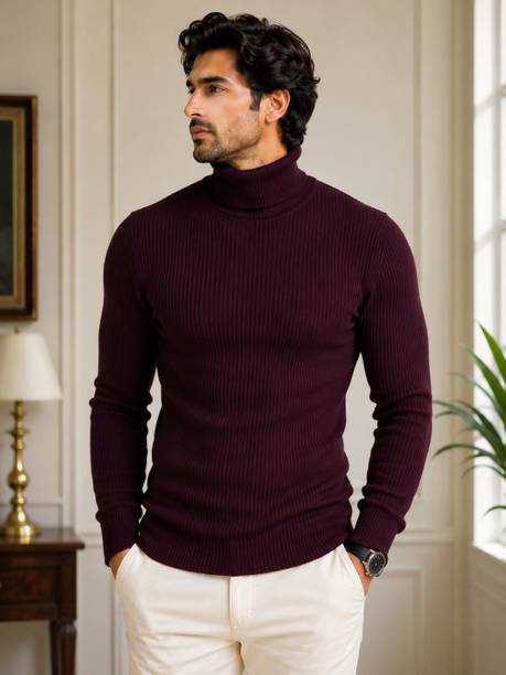 FASHLOOK Solid High Neck Casual Men Maroon Sweater