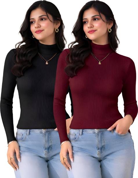 Women Solid High Neck Black, Maroon Sweater