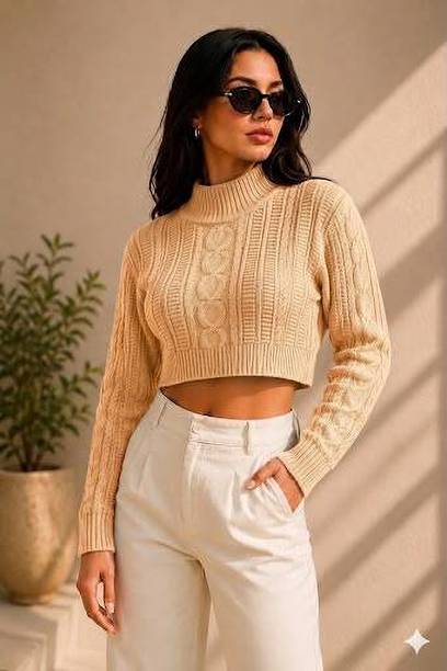 Women Solid High Neck Yellow Sweater