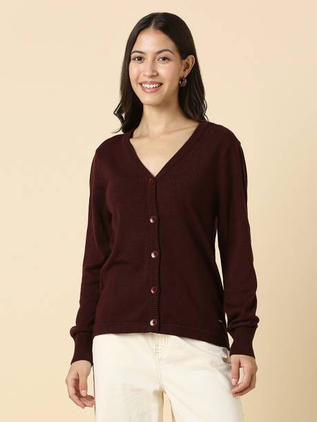 Women Solid V Neck Brown Sweater