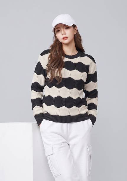 Women Self Design Round Neck Black, Beige Sweater