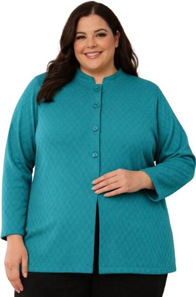 Women Self Design Mandarin Neck Green Sweater