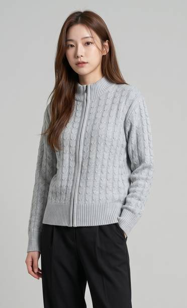 Women Self Design High Neck Grey Sweater